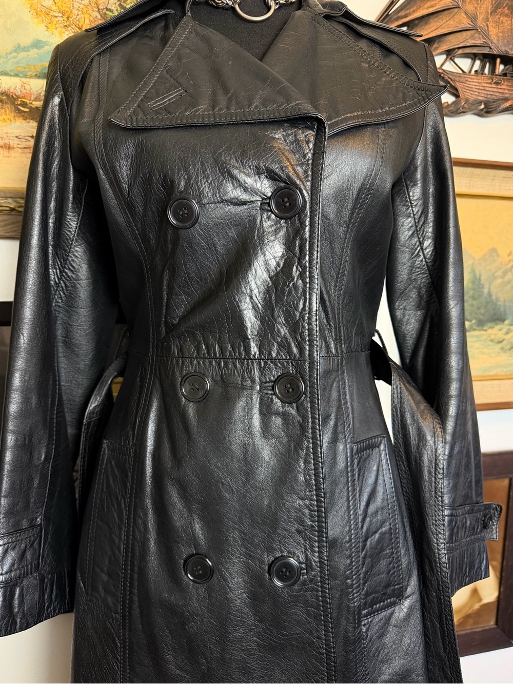 Vintage 1970s-80s Black Leather Belted Trench Coat XS-S - Picture 13 of 15